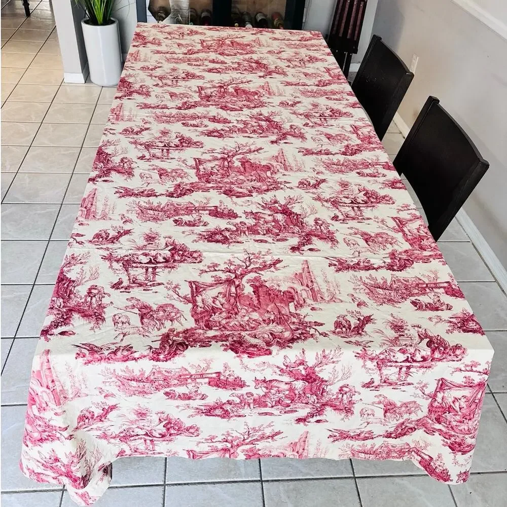 Williams Sonoma Italian Toile Tablecloth 68x126 Red Cream Cotton Made Italy